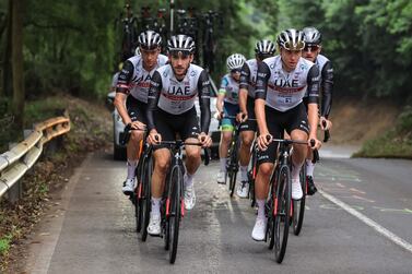 UAE Team Emirates' Slovenian rider Tadej Pogacar (R) cycles with teammates during a team training session, on June 29, 2023, two days prior to the start of the 110th edition of the Tour de France cycling race, in Bilbao, in northern Spain.  (Photo by Thomas SAMSON  /  AFP)
