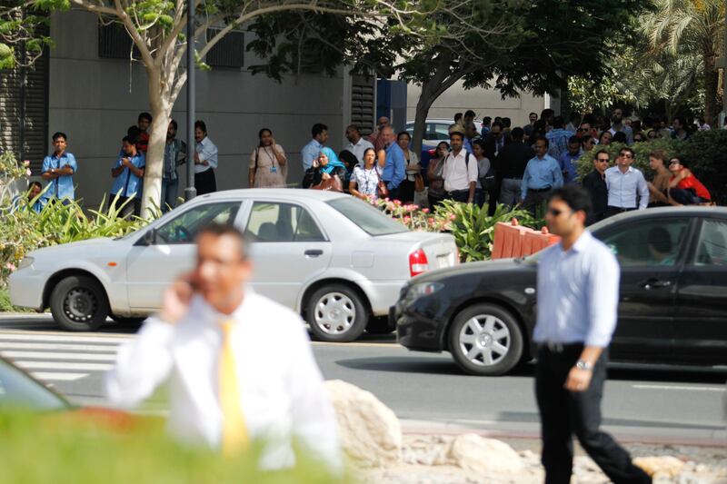 Dubai, April 16 2013 - Buildings in Dubai Media City are evacuated following an earthquake in Dubai, April 16, 2013. (Photo by: Sarah Dea/The National)

