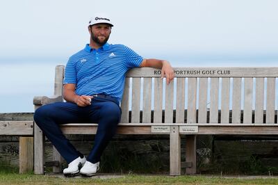 PORTRUSH, NORTHERN IRELAND - JULY 16: Jon Rahm of Spain sits on a bench on the sixth hole  during a practice round prior to the 148th Open Championship held on the Dunluce Links at Royal Portrush Golf Club on July 16, 2019 in Portrush, United Kingdom. (Photo by Kevin C. Cox/Getty Images)