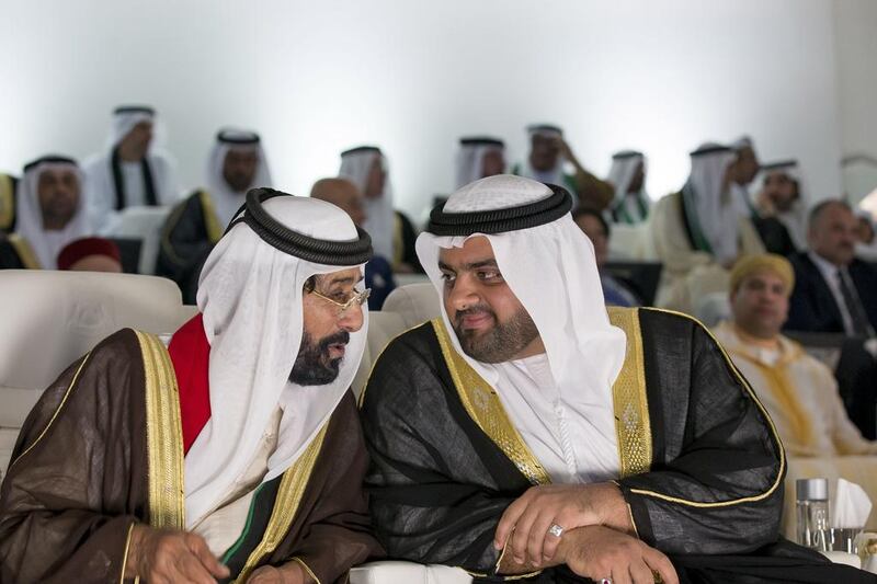 Sheikh Tahnoon bin Mohammed, Ruler’s Representative of the Eastern Region, (L) and Sheikh Mohammed bin Hamad, Crown Prince of Fujairah (R) attend the 44th UAE National Day celebrations at Zayed Sports City. Mohamed Al Hammadi / Crown Prince Court - Abu Dhabi