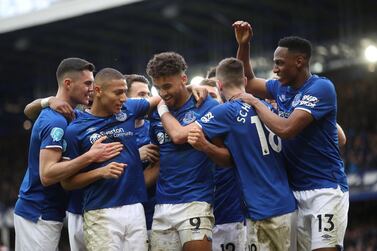 Richarlison, second left, and Dominic Calvert-Lewin, centre, were among the Everton goalscorers against Crystal Palace on Saturday. Reuters