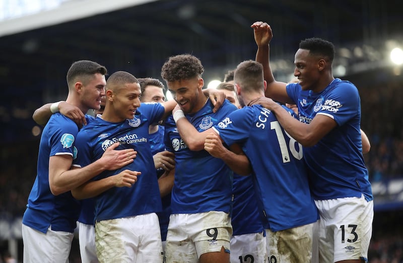 Soccer Football - Premier League - Everton v Crystal Palace - Goodison Park, Liverpool, Britain - February 8, 2020  Everton's Dominic Calvert-Lewin celebrates scoring their third goal with Michael Keane, Richarlison, Yerry Mina and teammates  Action Images via Reuters/Carl Recine  EDITORIAL USE ONLY. No use with unauthorized audio, video, data, fixture lists, club/league logos or "live" services. Online in-match use limited to 75 images, no video emulation. No use in betting, games or single club/league/player publications.  Please contact your account representative for further details.