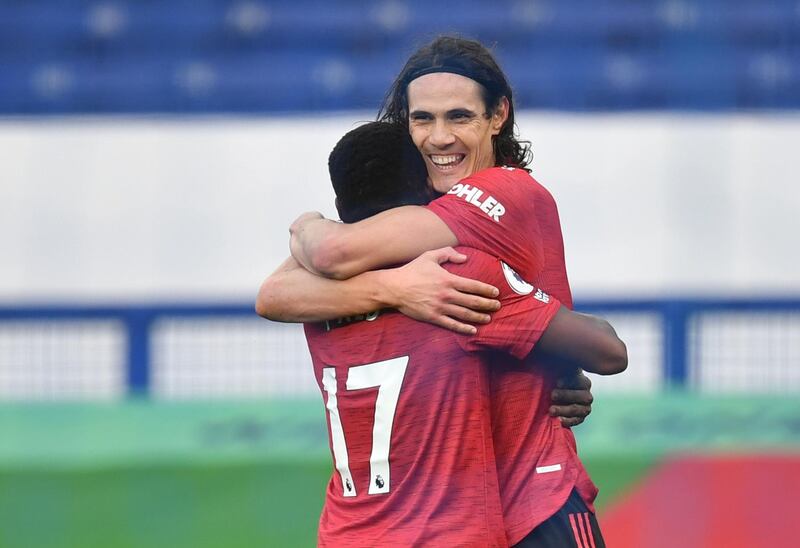 Manchester United's Edinson Cavani celebrates scoring their third goal against Everton. Reuters