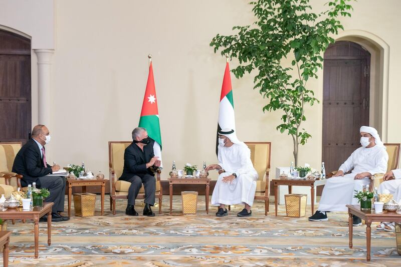ABU DHABI, UNITED ARAB EMIRATES - July 22, 2020: HH Sheikh Mohamed bin Zayed Al Nahyan, Crown Prince of Abu Dhabi and Deputy Supreme Commander of the UAE Armed Forces (2nd R), meets with HM King Abdullah II, King of Jordan (2nd L). Seen with HH Sheikh Hamdan bin Zayed Al Nahyan, Ruler’s Representative in Al Dhafra Region (R).

( Rashed Al Mansoori / Ministry of Presidential Affairs )
---