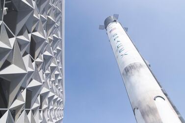 A replica of the SpaceX Falcon 9 rocket outside the US Pavilion at Expo 2020 Dubai. Reem Mohammed / The National