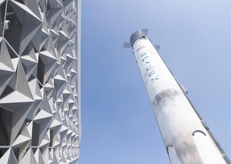 DUBAI, UNITED ARAB EMIRATES. 18 NOVEMBER 2020. 
A replica of the Space X Falcon 9 rocket outside the USA Pavilion at EXPO 2020 site. (Photo: Reem Mohammed/The National)

Reporter:
Section: