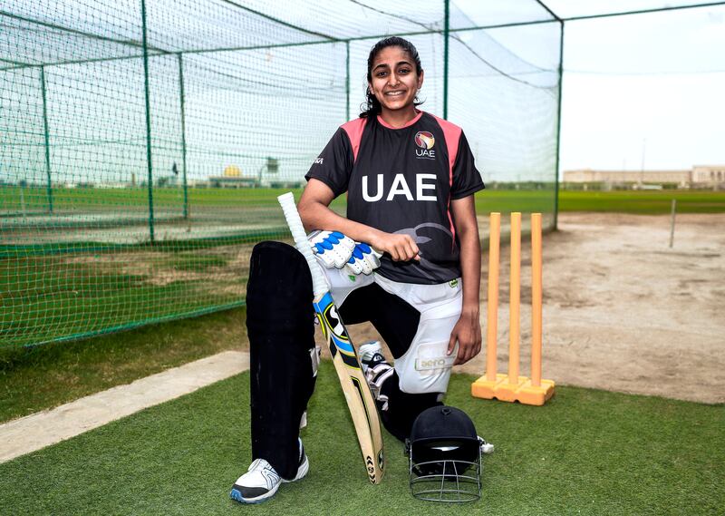 Sharjah, U.A.E., March 26, 2018.  Esha Oza, 19, is a member of the UAE team travelling to the Women’s World Twenty20 Cup Qualifier in the Netherlands. She was the top scorer in the UAE Women’s T20 National League.
Victor Besa / The National
Section:  Sports
Reporter:  Amith Passela