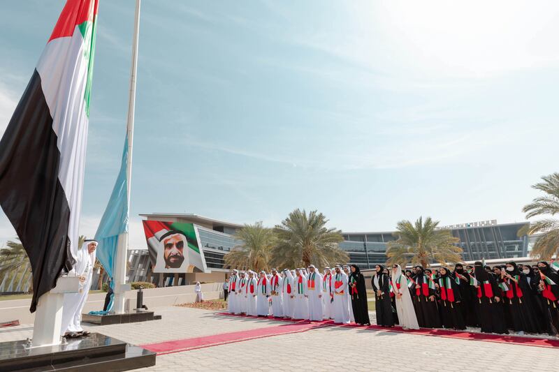 UAE University celebrates with a flag-raising ceremony attended by Prof Ghaleb Al Hadrami, acting vice chancellor, academic staff and students. Photo: UAE University