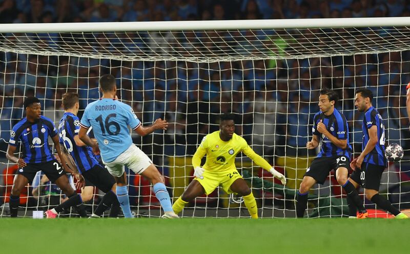 Manchester City's Rodri scores the opening goal past Inter Milan's Andre Onana in Istanbul. Reuters