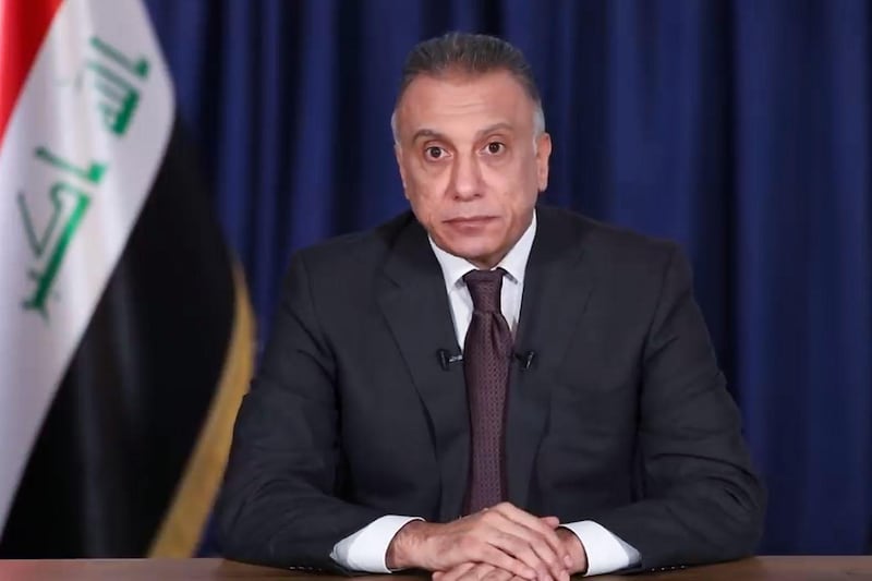 An image grab from a handout video released by the Iraqi Prime Minster's Office shows Prime Minister-designate Mustafa Kadhemi addressing the Iraqi people in a televised speech in the capital Baghdad, on April 9, 2020. Iraqi President nominated 53-year-old spy chief Kadhemi on April 9 as the country's third prime minister-designate this year, moments after his predecessor ended his bid to form a government, amid a budget crisis brought on by the collapse in world oil prices and the spread of the novel coronavirus. - RESTRICTED TO EDITORIAL USE - MANDATORY CREDIT "AFP PHOTO /IRAQI PRIME MINISTER'S OFFICE " - NO MARKETING - NO ADVERTISING CAMPAIGNS - DISTRIBUTED AS A SERVICE TO CLIENTS
 / AFP / IRAQI PRIME MINISTER'S OFFICE / - / RESTRICTED TO EDITORIAL USE - MANDATORY CREDIT "AFP PHOTO /IRAQI PRIME MINISTER'S OFFICE " - NO MARKETING - NO ADVERTISING CAMPAIGNS - DISTRIBUTED AS A SERVICE TO CLIENTS
