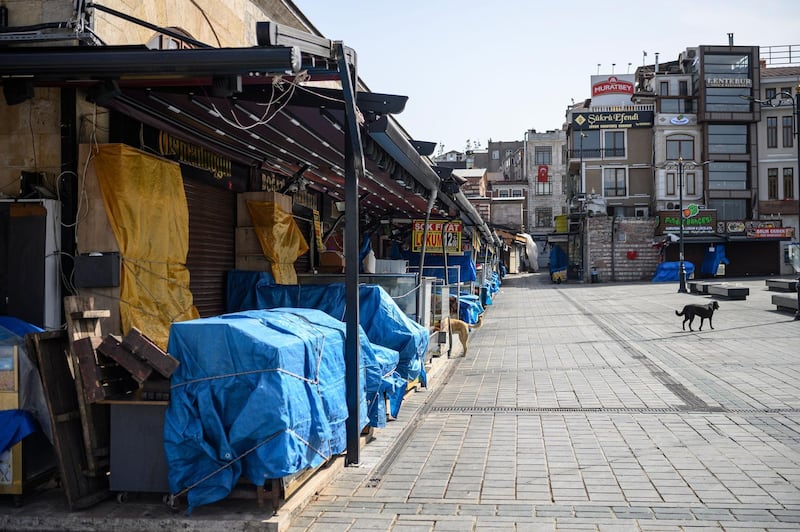 Deserted shops near historical spice bazaar at Eminonu district in Istanbul, during a four-day curfew. AFP