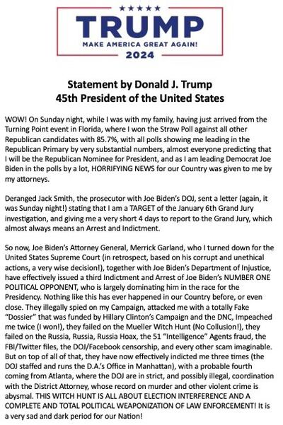 In this posting on his Truth Social channel, former president Donald Trump says he faces arrest and indictment in the probe into the January 6, 2021 insurrection. Photo: Screengrab