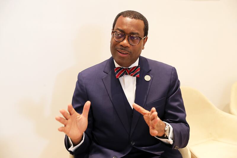 Dr Akinwumi Adesina, president of the African Development Bank (AFDB), speaks in an exclusive interview with The National at the World Government Summit 2022 in Dubai. Pawan Singh / The National