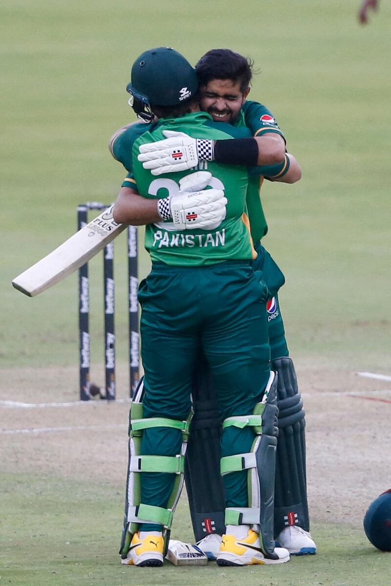 Pakistan's captain Babar Azam celebrates after scoring a century in the first ODI against South Africa in Centurion on April 2, 2021. AFP
