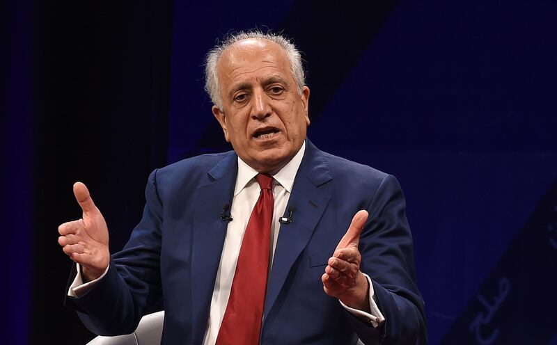 US special representative for Afghan peace and reconciliation Zalmay Khalilzad gestures as he speaks during a forum talk with Afghan director of TOLO news Lotfullah Najafizada, at the Tolo TV station in Kabul on April 28, 2019. The United States and Afghanistan stressed the need for "intra-Afghan dialogue" when US envoy Zalmay Khalilzad and Afghan President Ashraf Ghani held talks on April 27, a palace statement said. / AFP / WAKIL KOHSAR
