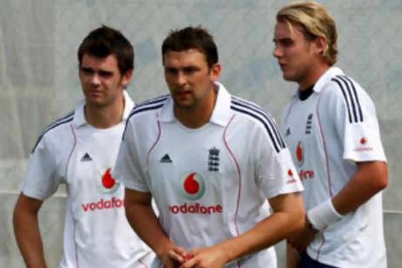 Steve Harmison, centre, takes part in bowling practice during the England nets session at Edgbaston.