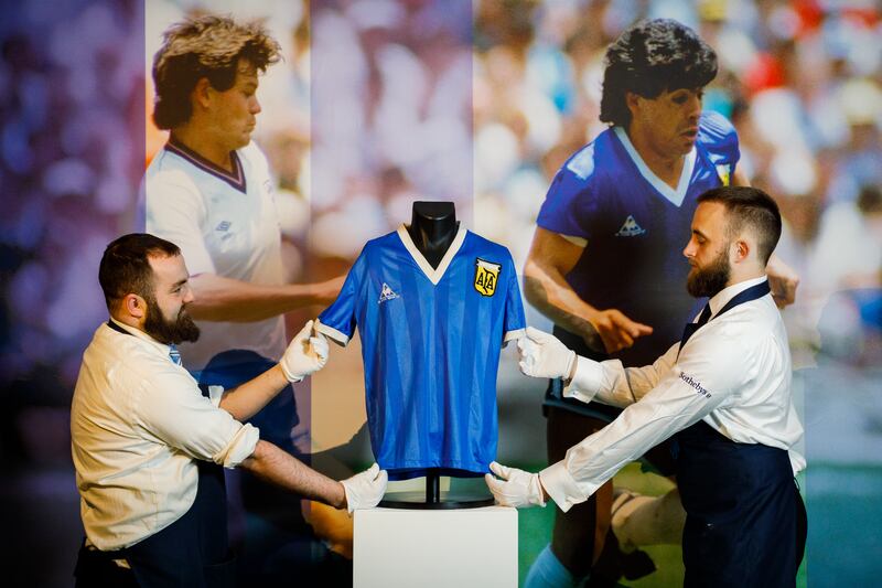 Diego Maradona’s historic 1986 World Cup shirt opens to the public at Sotheby's in London. The shirt was worn during the ‘Hand of God’ and ‘Goal of the Century’ goals. Getty