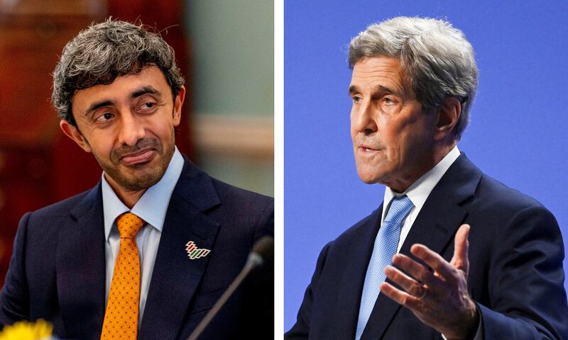 Sheikh Abdullah bin Zayed, Minister of Foreign Affairs and International Co-operation, discussed a range of issues with John Kerry, right. Reuters