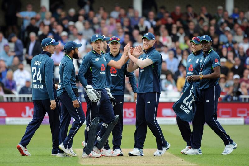 England players celebrate taking the wicket of Pakistan's Asif Ali during the Fourth One Day International cricket match between England and Pakistan at Trent Bridge in Nottingham, England, Friday, May 17, 2019. (AP Photo/Rui Vieira)