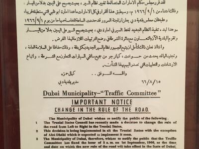 A Dubai Municipality notice published on August 15 outlining the switch to right-hand driving that would come into force on September 1, 1966. John Dennehy / The National