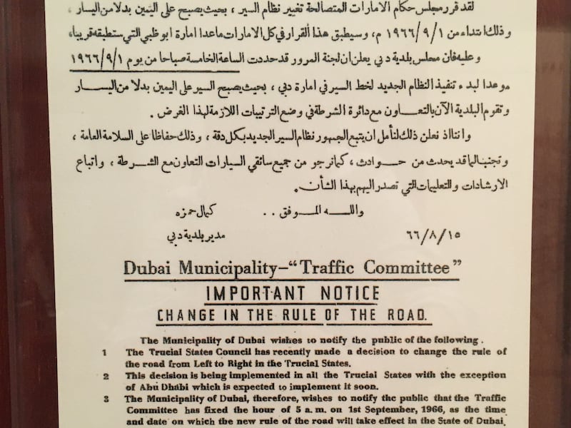 A Dubai Municipality notice from August 15, 1966, outlining the switch to right-hand driving would take place on September 1, 1966. John Dennehy / The National