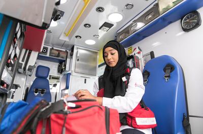 DUBAI, UNITED ARAB EMIRATES - AUG 23:

Shamsa Hassan Safar, Paramedic, First Respond Unit, Ambulance Operation.

(Photo by Reem Mohammed/The National)

Reporter: NAWAL AL RAMAHI
Section: NA