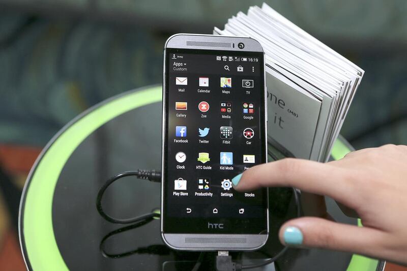 The HTC One M8 on display during its launch event in Dubai on April 2, 2014. Sarah Dea / The National