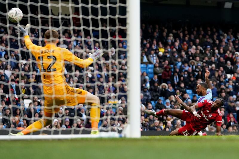 Manchester City's second-half substitute Raheem Sterling hits the crossbar. AP