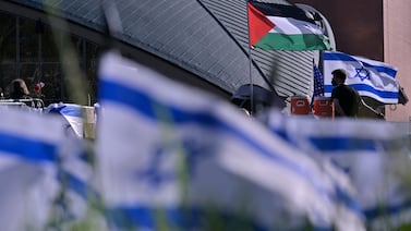 Israeli flags surround a pro-Palestine protest camp at the MIT campus in Massachusetts. Americans are divided over how to their country should respond to the Gaza war. AP