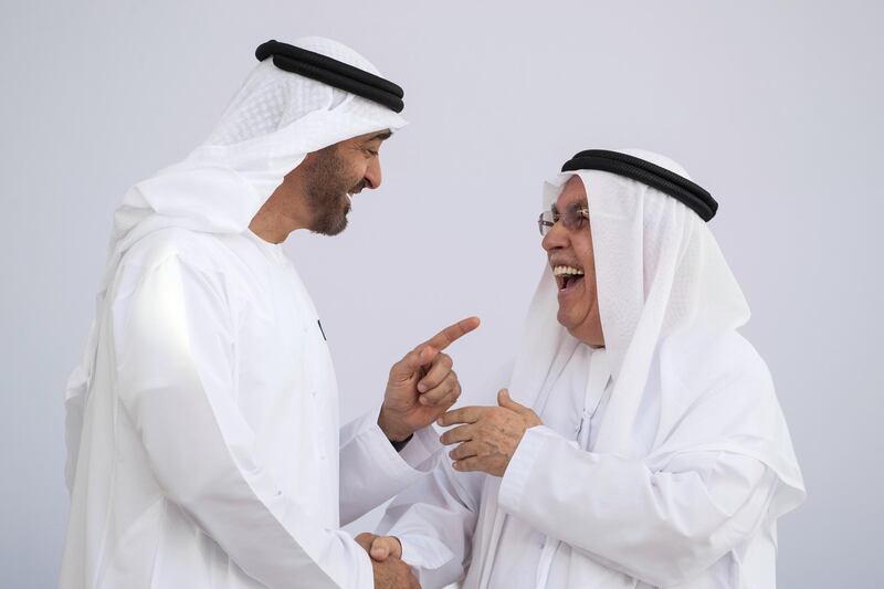 ABU DHABI, UNITED ARAB EMIRATES -  March 12, 2018: HH Sheikh Mohamed bin Zayed Al Nahyan, Crown Prince of Abu Dhabi and Deputy Supreme Commander of the UAE Armed Forces (L), presents an Abu Dhabi Award to HE Ibrahim Abdulrahman Al Abed (R), during the awards ceremony at the Sea Palace.
( Ryan Carter for the Crown Prince Court - Abu Dhabi )
---