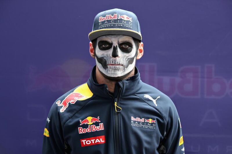 Max Verstappen of Netherlands and Red Bull Racing wears Dia de Muertos (Day of the Dead) face paint on October 27, 2016, during previews to the Formula One Grand Prix of Mexico at Autodromo Hermanos Rodriguez in Mexico City. Mark Thompson / Getty Images / AFP