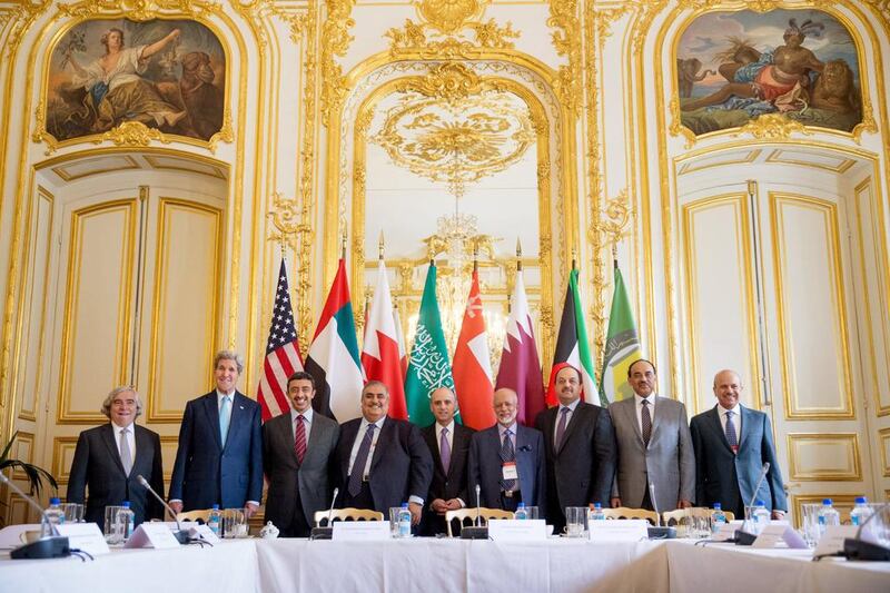 U.S. Secretary of State John Kerry (2nd L) poses for members of the media with foreign ministers of the Gulf Cooperation Council as they meet to discuss Middle East concerns about an emerging nuclear deal with Iran, at the Chief of Mission Residence in Paris, France, May 8, 2015. REUTERS/Andrew Harnik/Pool