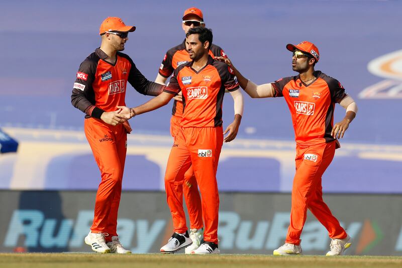 Bhuvneshwar Kumar of Sunrisers Hyderabad celebrates the wicket of Liam Livingstone. Sportzpics for IPL