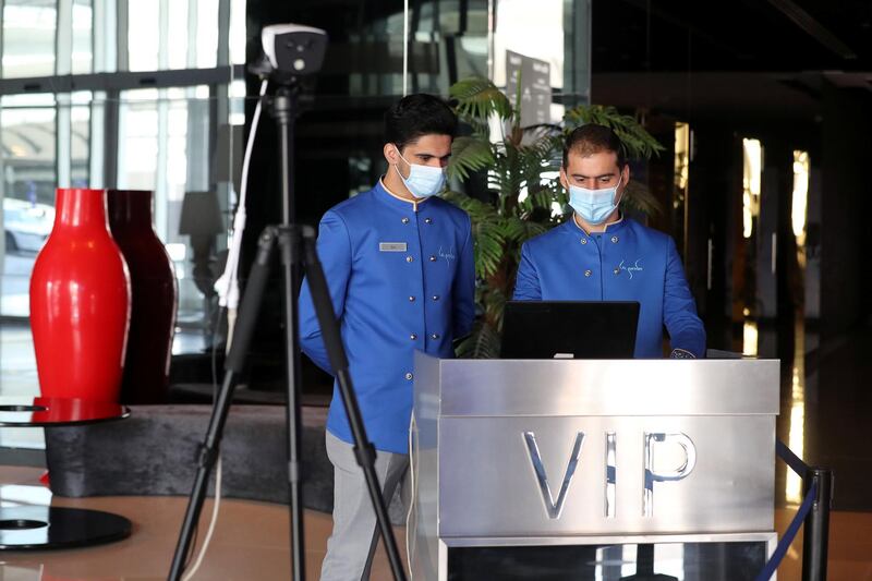 Dubai, United Arab Emirates - Reporter: N/A. News. Health. Covid-19/Coronavirus. Arun (L) and Hassan monitor peoples temperature as the come into La Perle. La Perle opens to the public tomorrow evening. Wednesday, July 29th, 2020. Dubai. Chris Whiteoak / The National