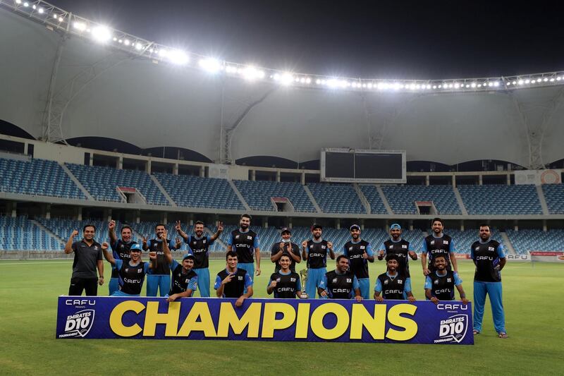 Dubai, United Arab Emirates - Reporter: Paul Radley. Sport. Cricket. Blues win the Emirates D10 after the game between ECB Blues and Fujairah. Friday, August 7th, 2020. Dubai. Chris Whiteoak / The National