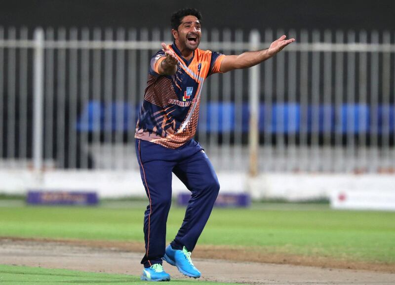 MGM's Asif Khan bowls in the Sharjah Ramadan Cup game between MGM Cricket Club v Pacific Group in Sharjah on April 27th, 2021. Chris Whiteoak / The National. 
Reporter: Paul Radley for Sport