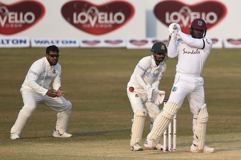 Kyle Mayers plays a shot on his way to a superlative 210 not out as the West Indies secured a three-wicket win over BangLadesh on Day 5 at the Zohur Ahmed Chowdhury Stadium in Chittagong on February 7. AFP