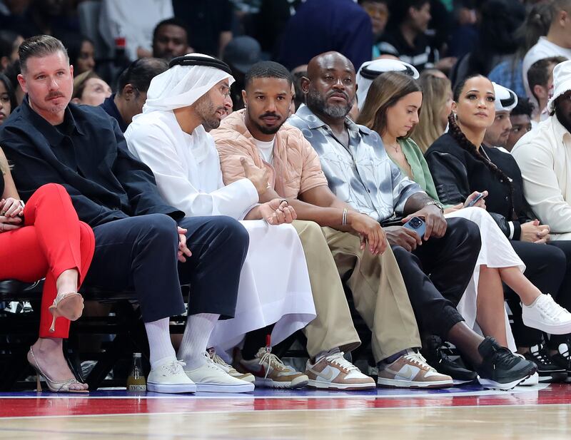 Actor Michael B Jordan with Mohamed Khalifa Al Mubarak, chairman of DCT Abu Dhabi, during a pre-season game between the Minnesota Timberwolves and Dallas Mavericks at Etihad Arena. All photos: Chris Whiteoak / The National, unless mentioned otherwise