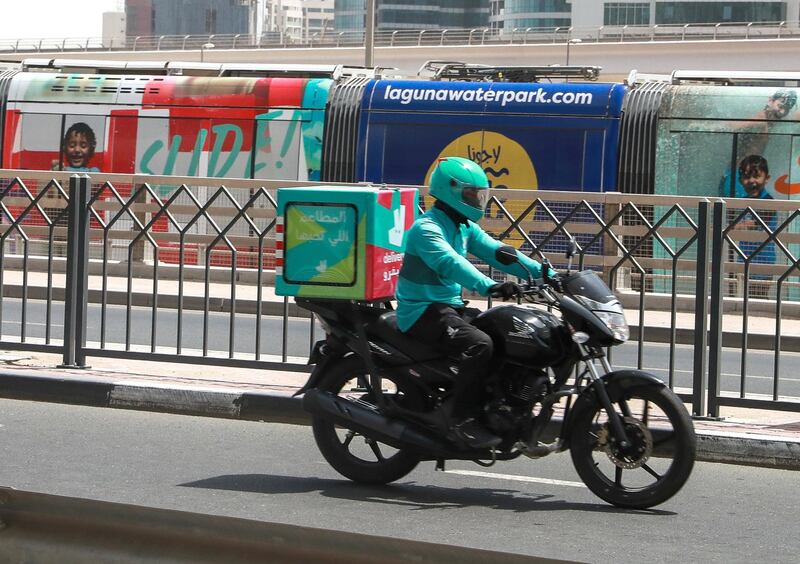 Dubai, U.A.E., October 7,  2018.  Delivery drivers at Dubai. Shot  on 06-09-18. --  A deliveroo driver at the Dubai Marina area.
Victor Besa / The National
Section: NA