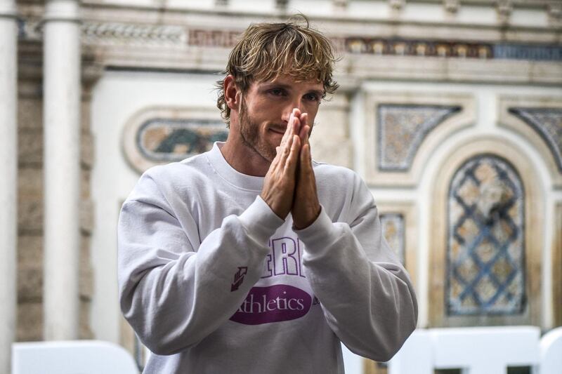 Logan Paul poses during the media availability ahead of his exhibition boxing fight against Floyd Mayweather. AFP