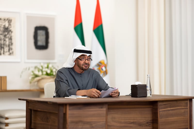 President Sheikh Mohamed delivers a speech remotely, to mark the signing of the Comprehensive Economic Partnership Agreement between the UAE and Turkey. Photo: Ryan Carter / UAE Presidential Court 
