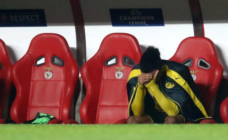 Pierre Emerick Aubameyang of Dortmund looks dejected after he fails to score an equalising penalty kick. Lars Baron / Getty Images