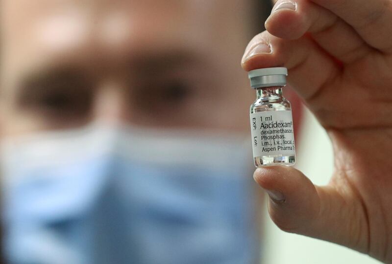 A pharmacist displays an ampoule of Dexamethasone at the Erasme Hospital in Brussels, Belgium. Reuters