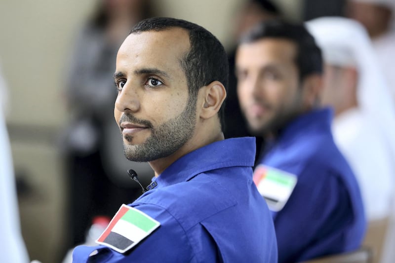 DUBAI, UNITED ARAB EMIRATES , Nov 12  – 2019 :- Hazza Al Mansouri (left) and Sultan Al Neyadi (right), UAE Astronauts during the press conference held at Dubai Media Office at the World Trade Centre in Dubai. ( Pawan Singh / The National )  For News. Story by Patrick