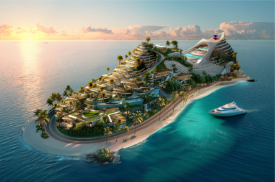 The conceptual island off the coast of Dubai represents the label's palpable ambition. Photo: Born Outside Italy