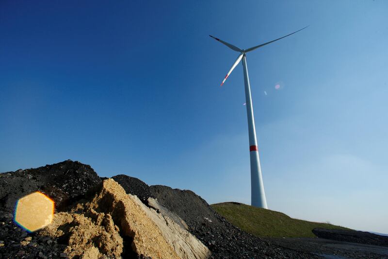 A wind turbine used to generate electricity is seen at the Brinkfortsheide dump near the Ruhr area city of Marl, Germany April 14, 2016. Picture taken April 14, 2016.  REUTERS/Ralph Orlowski