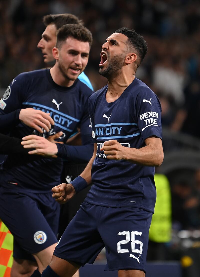 Riyad Mahrez celebrates after scoring against Real. Getty