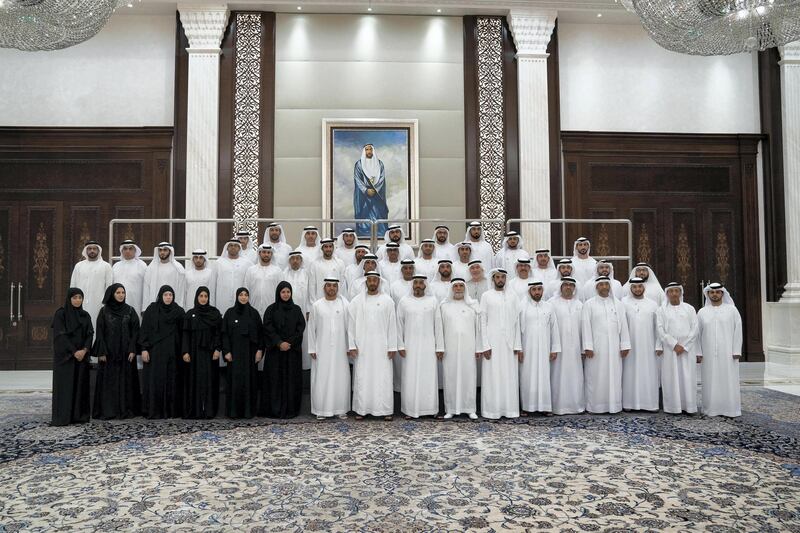 ABU DHABI, UNITED ARAB EMIRATES - May 21, 2018: HH Sheikh Mohamed bin Zayed Al Nahyan Crown Prince of Abu Dhabi Deputy Supreme Commander of the UAE Armed Forces (front row, 10th R), stands for a group photo with General Authority of Islamic Affairs and Endowments employees during an iftar reception at Al Bateen Palace.  Seen with HE Dr Hamdan Musalam Al Mazrouei, Chairman of the Board of Directors of the Emirates Red Crescent (11th R), HE Dr Mohamed Matar Salem bin Abid Al Kaabi, Chairman of the UAE General Authority of Islamic Affairs and Endowments (9th R) and HE Dr Farouq Hammada, Islamic Consultant for the Crown Prince Court of Abu Dhabi (8th R).  

( Hamad Al Kaabi / Crown Prince Court - Abu Dhabi )
---