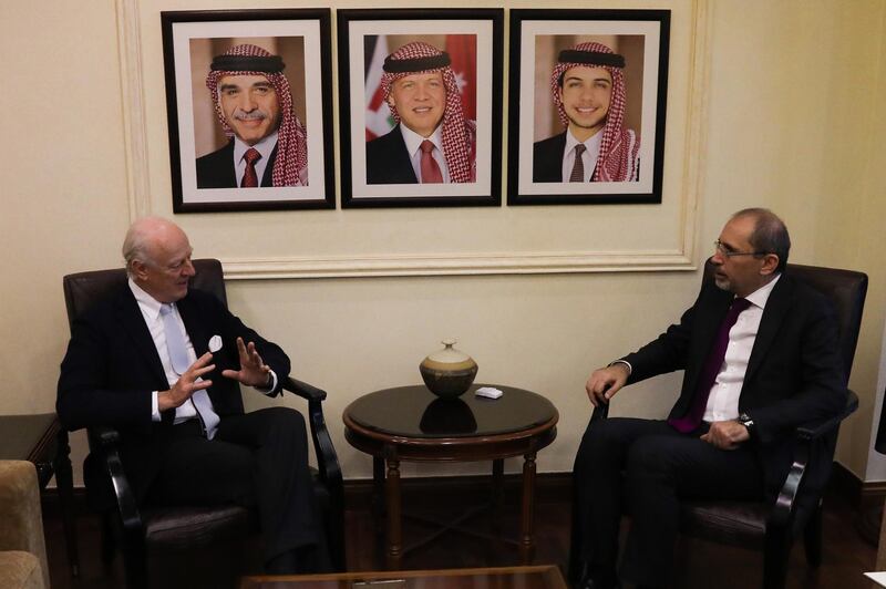 epa07221550 Outgoing United Nations envoy for Syria Staffan De Mistura (L) speaks during a meeting with Jordan Foreign Minister Ayman Safadi (R), at the Foreign Ministry in Amman, Jordan, 10 December 2018. De Mistura announced in October he would step down at the end of November from his post as Special Envoy for Syria.  EPA/ANDRE PAIN