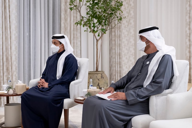 Sheikh Mansour bin Zayed, Deputy Prime Minister and Minister of Presidential Affairs (L) and Dr Sultan Al Jaber, Minister of Industry and Advanced Technology, chairman of Masdar and chief executive of Adnoc (R), attend a meeting with Aziz Akhannouch, Prime Minister of Morocco (not shown), at Al Shati Palace.